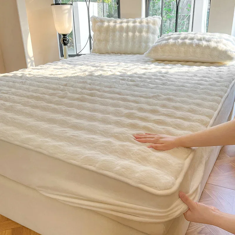 Velvet Mattress Cover Pad Fluffy Plush Fitted Bed Sheet Fleece Bed Cover for Double Bed Winter Warm Dust Mite Queen Size