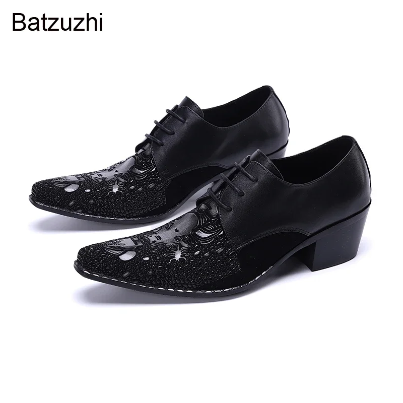 Batzuzhi scarpe eleganti in pelle da uomo in pelle di lusso Vintage scarpe a punta in metallo nero scarpe da lavoro in pelle uomo matrimonio, EU38-46