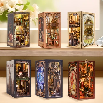 Cutebee-木製ドールハウスキット、ミニチュアドールハウスキット、ダストカバー付きブックシェルフブックシェルフ、クリスマスギフト