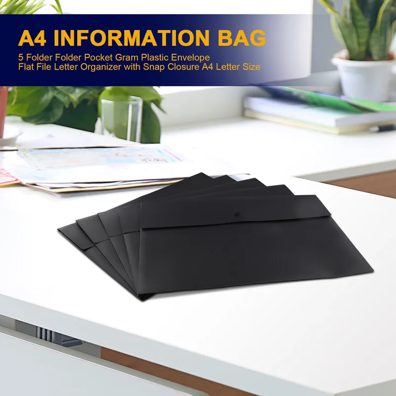 Hot TTKK 5 โฟลเดอร์โฟลเดอร์กระเป๋ากรัมพลาสติกซองจดหมายแบนแฟ้ม Letter Organizer พร้อม Snap ปิด A4 Letter ขนาด