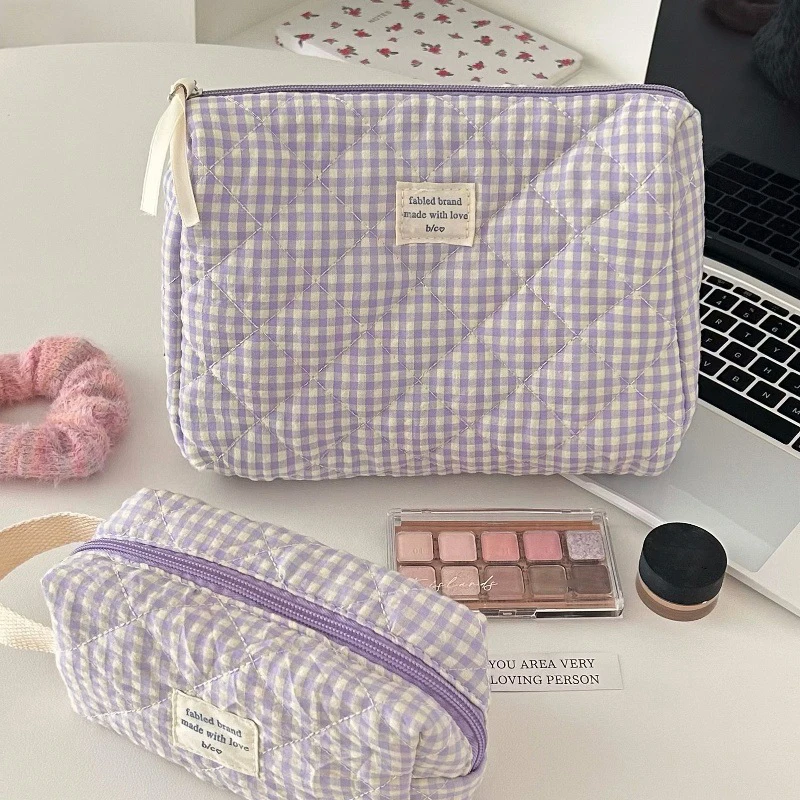 Fashion Checkered Makeup Bag Large Capacity Portable Cosmetic Storage Bag Cotton Quilted Wash Bag Skincare Pouch