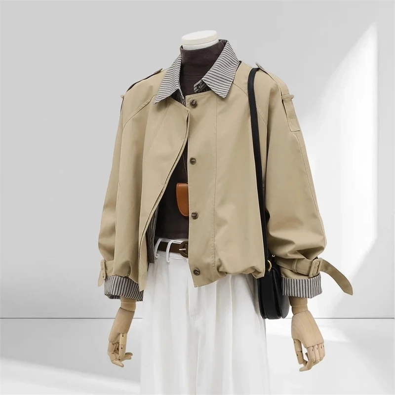 

Women's Fake Two Short Windbreaker Jacket 2026 Spring Autumn New Styles Single Breasted Casual Temperament Short Trench Coats