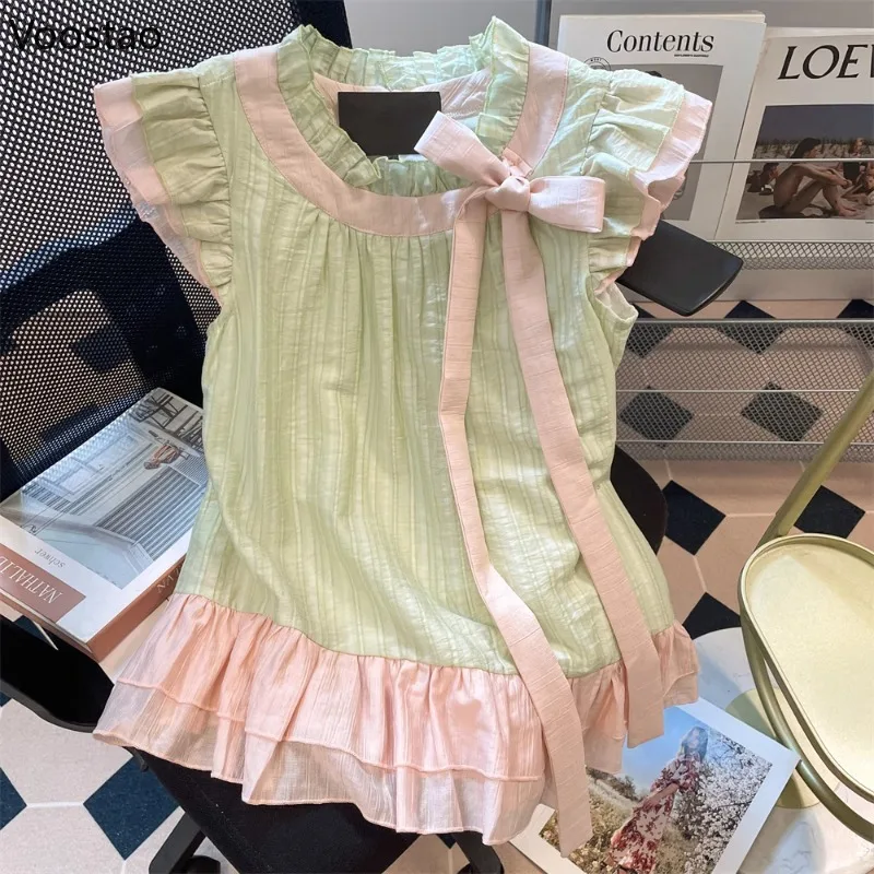 

Japanese Sweet Lolita Style Blouses Summer Women Kawaii Ruffles Bow Flying Sleeve Shirts Girls Harajuku Loose Tops Blusas Mujer