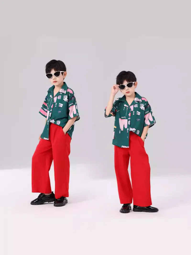 レトロ香港スタイル花柄シャツセットストリートダンス子供服幼稚園卒業パフォーマンス服男の子用