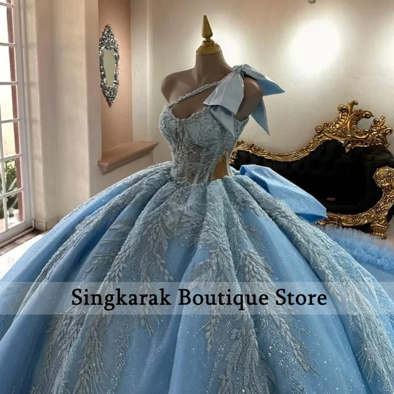 Shiny Blue off-shoulder Crystal Glitter Decal Lace Ruffles Long tail Bow vestidos de 15 Quinceanera ﻿Customized