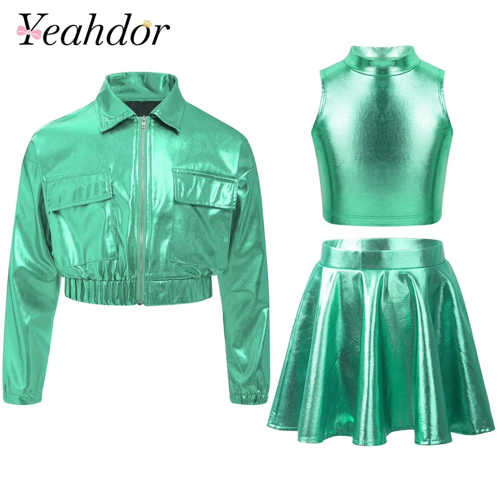 

Kids Girls Metallic Modern Jazz Dance Costume Outfit Children Performance Hip Hop Rave Streetwear Fashion Shiny Dancewear Sets