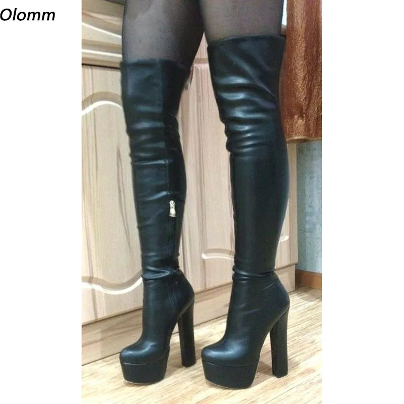 Olomm Handmade Women Winter Over The Knee Boots Faux Leather Chunky Heels Round Toe Elegant Black Casual Shoes Plus US Size 5-20
