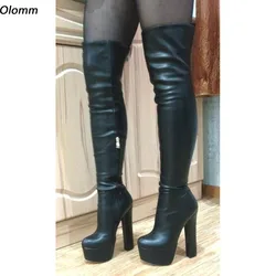Olomm Handmade Women Winter Over The Knee Boots Faux Leather Chunky Heels Round Toe Elegant Black Casual Shoes Plus US Size 5-20
