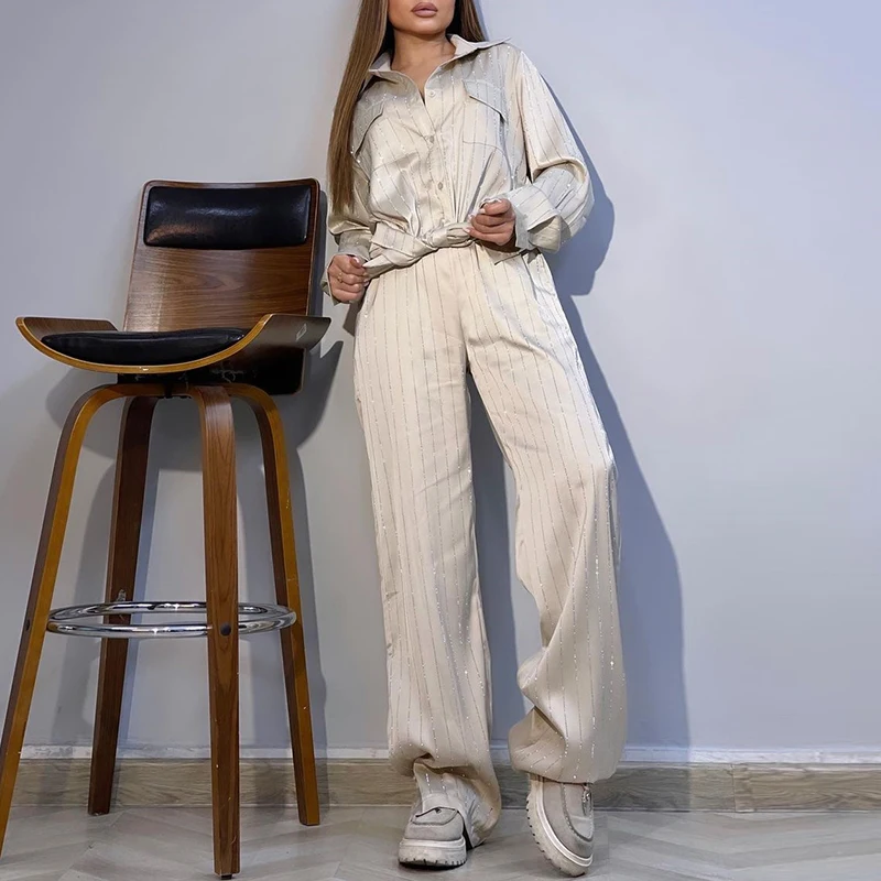 2024 Autumn Striped Printed Shirt Women Two-piece Set Fashion Lapel Shirt and Pants Set High Street Ladies Loose Long Pants Set