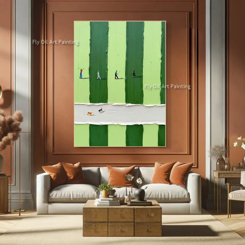 Green White Knife Thick Canvas Golf Course Wall Art Decor For Home Large Green Beige Handmade People Riding Bike Oil Painting