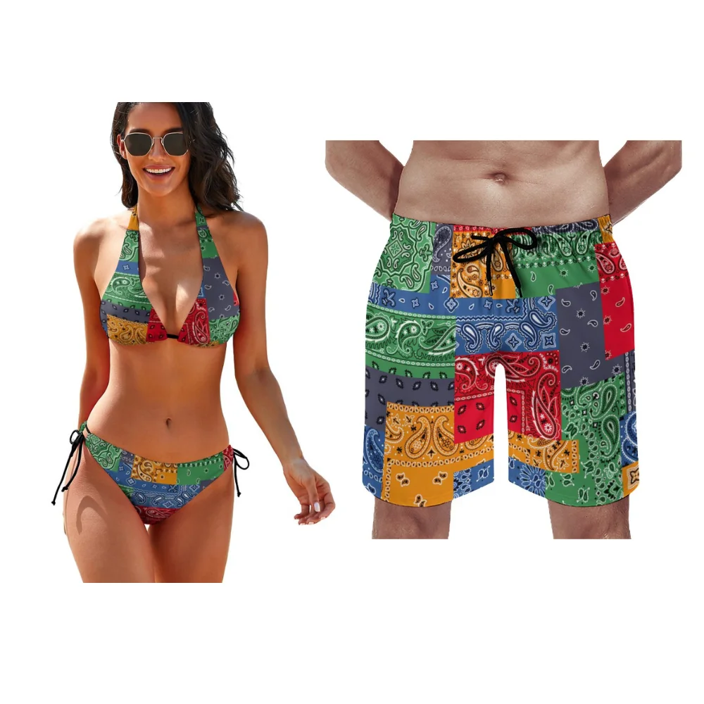 Bandana Rib letnie seksowne Bikini na plażę dla par spersonalizowane stroje kąpielowe spersonalizowane męskie spodenki zestaw dla par