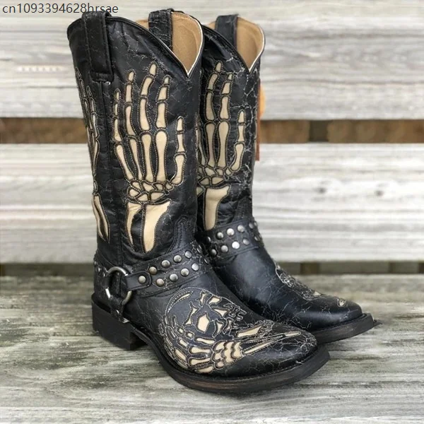 Punk Skeleton Totem Knight Cosplay Boots Retro Square Toe Chunky Heel Motorcycle Mid Calf Cracked Leather Men Women Black Boots