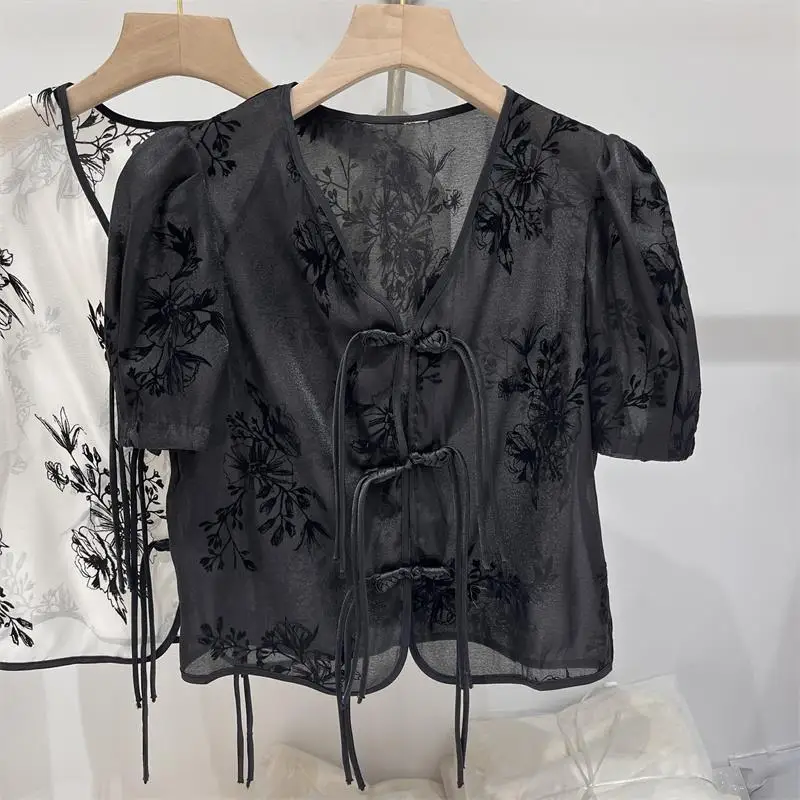 Ink Printed Chiffon Shirt Summer Camisas Chemise Femme Рубашка Camisas De Mujer Crop Top New Shirts & Blouses Blusas
