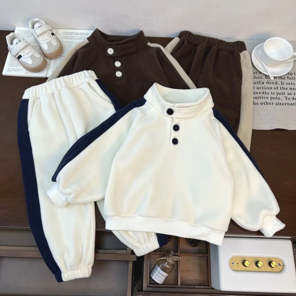 

2025 Winter New Children Long Sleeve Fleece Clothes Set Boys Girls Plus Velvet Thick Sweatsuit Kids Warm Casual 2pcs Suit