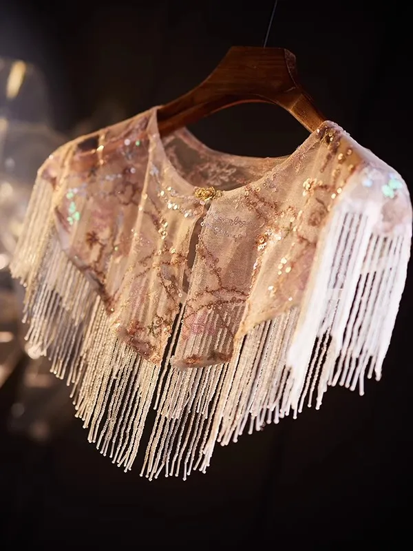 Women's Spring Summer Vintage Sequins Lace Tassel Pashmina Female Chinese Style Show Party Shawl Cloak Collar R2751
