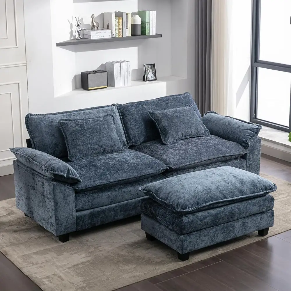

L-Shaped Chenille Sectional Sofa with Ottoman, Plush Upholstered Seating, Deep Seat Cloud Sofa for Living Room, Blue