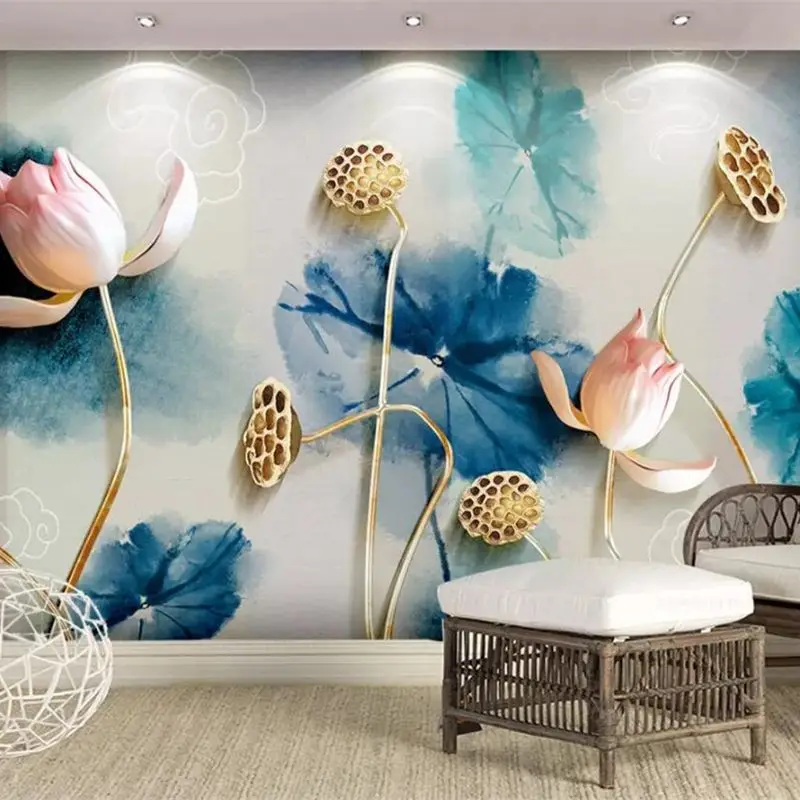 

Beibehang Custom wallpaper 3d photo mural new Chinese ink lotus jewel simple embossed background wall paper decorative painting