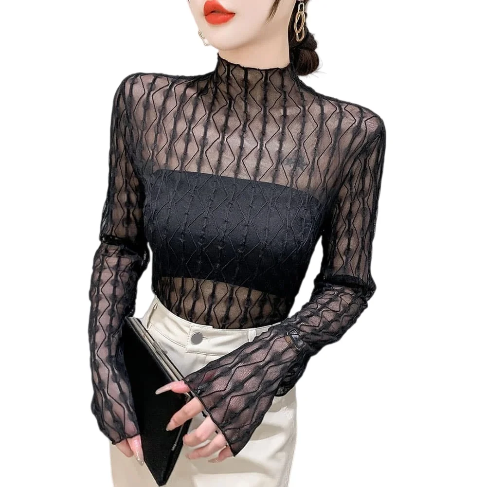 Women\'s Mid-Neck Tulle Long Sleeve Lace T Shirt for Summer Vacation Beach Cycling Outfit Regular Fit Polyester