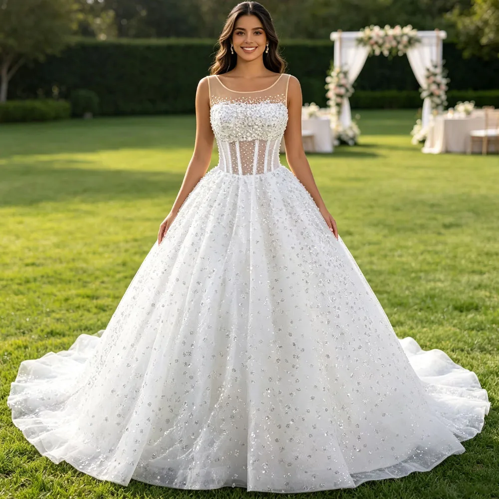 Luxurious O Neck Sleeveless Lace Up Back Wedding Dress Sequined Customized Ball Gown Bridal Dress