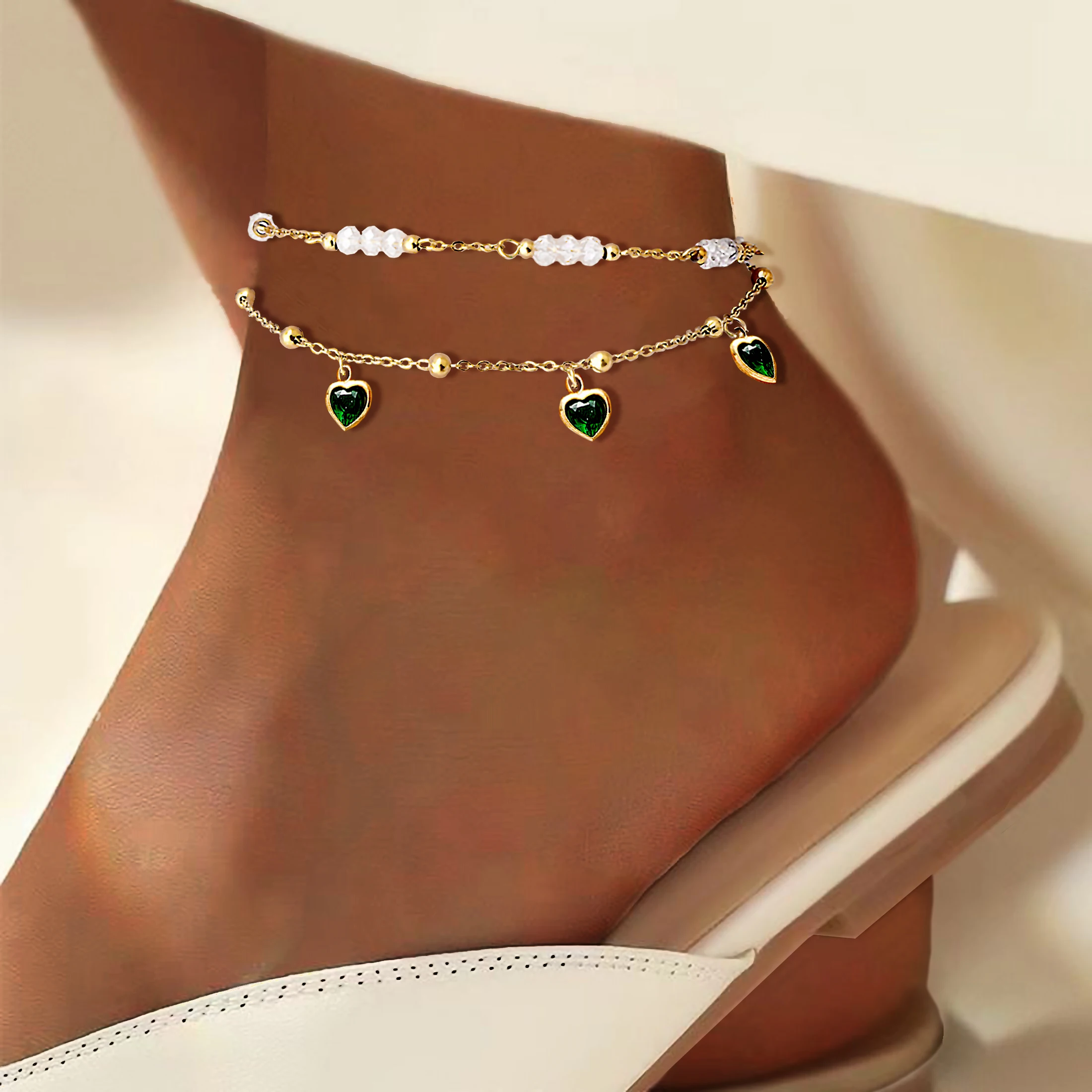 Emerald pendant with multiple layers of crystal beads women's stainless steel fashionable jewelry gift summer beach anklet