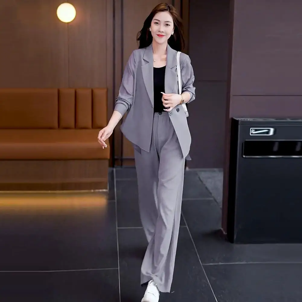 Women Business Suit Turn-down Collar Wide Leg Formal Blazer Coat Pants Set Long Mesh Sleeve High Waist Spring Single Button Suit