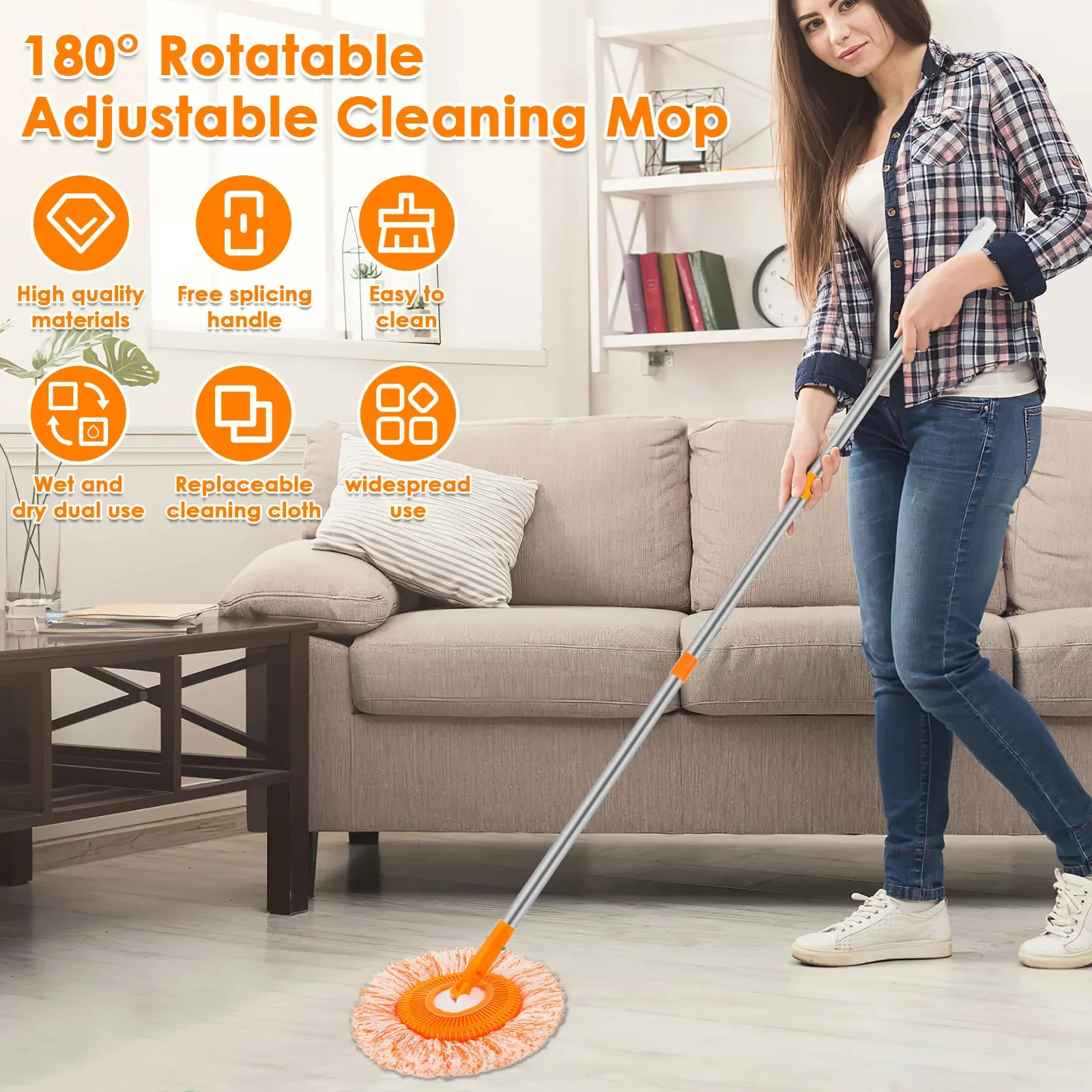 360 Round Sunflower Mop Can Splice Rod Coral Velvet Mopping Ceiling Floor Cleaning Wall Cleaning Car Wash Dust Cleaning Tool Set