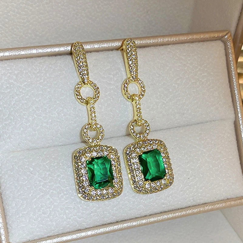 Huitan Bling Bling Gold Color Earrings with Green Cubic Zirconia Luxury Accessories for Women Wedding Party Temperament Jewelry