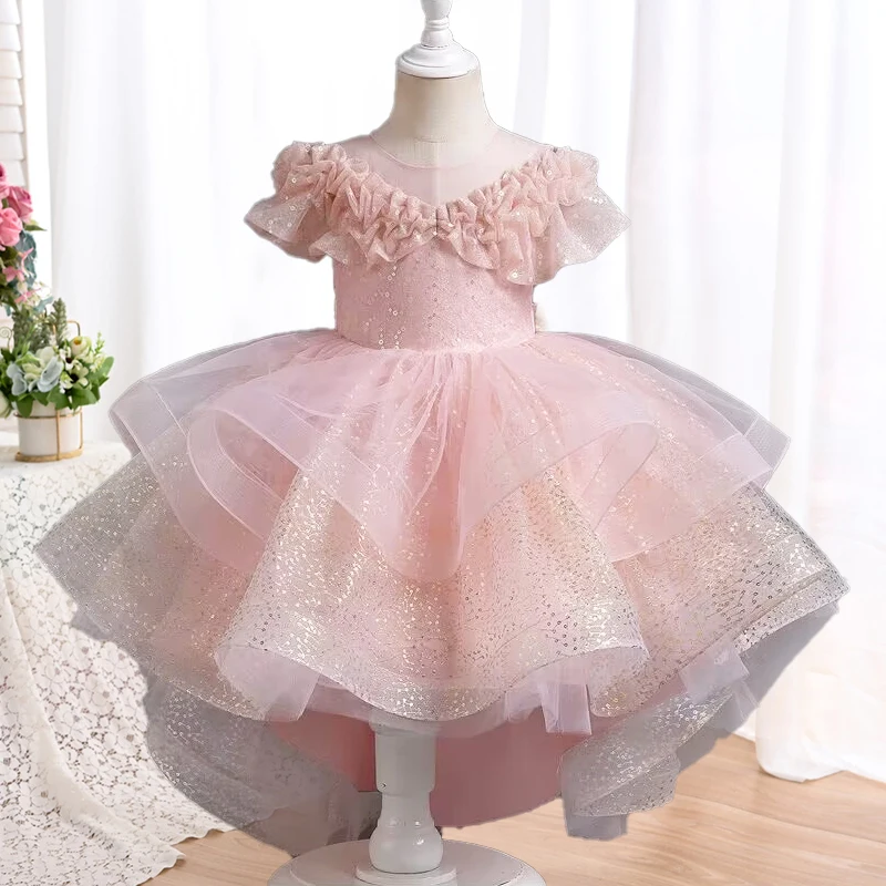 Flower girl wedding party ball tailed Print Dress Girl Birthday communion party high collar dress girl Graduation Dinner Dress