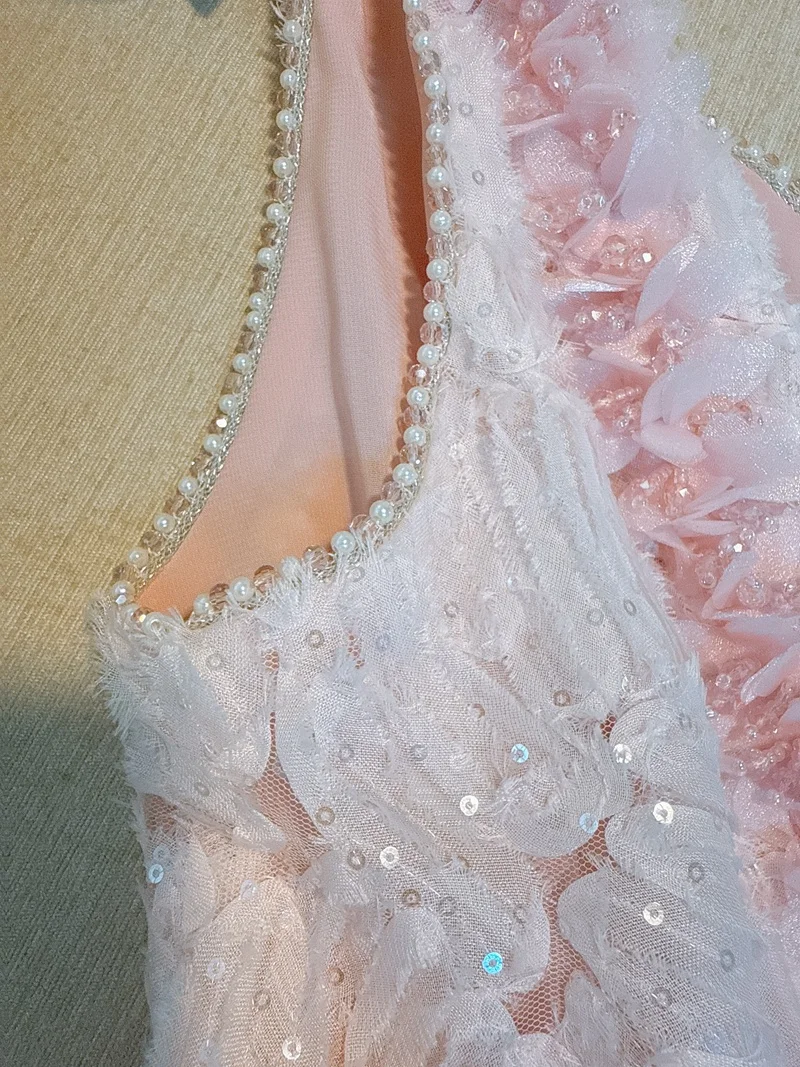 Ele Summer Vaion Dr Pink V-Ne Svel Robe trapèze brodée à embellissement lourd avec motif floral pour femme