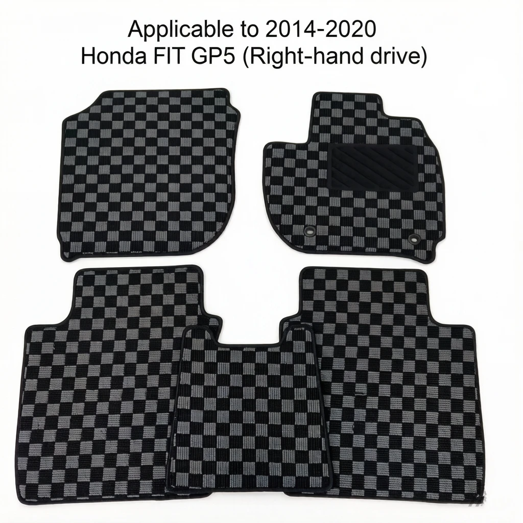 Car Floor Mats for Honda Fit GP5 RHD 2014-2020 Japanese Classic Plaid Premium Flocked Carpet Wear Resistant Easy Clean Auto Inte
