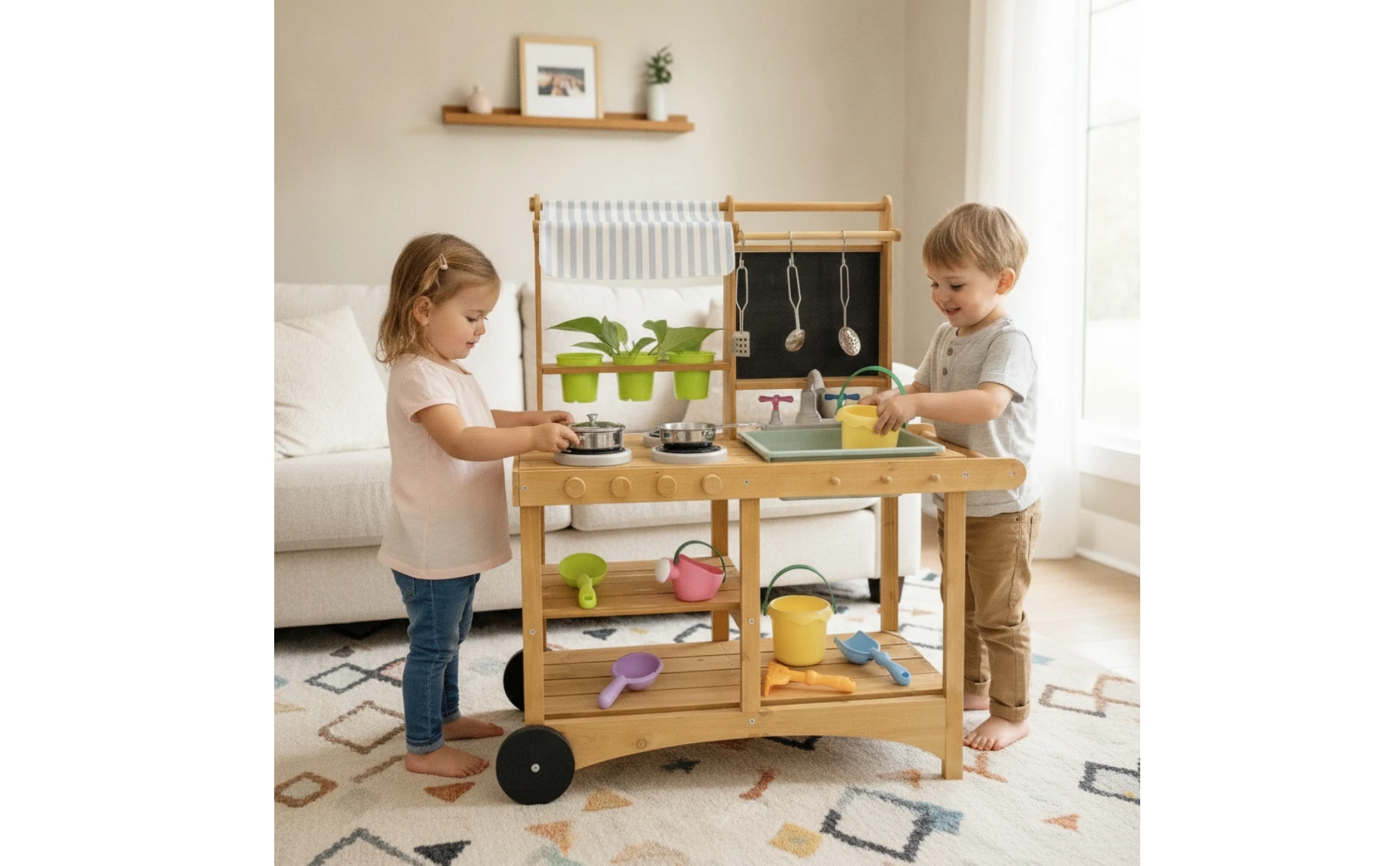 Toy Kitchen with Canopy Practical Pretend Kitchen with Wheels Playset Long-Lasting Safe for Children, Backyard, Daycare
