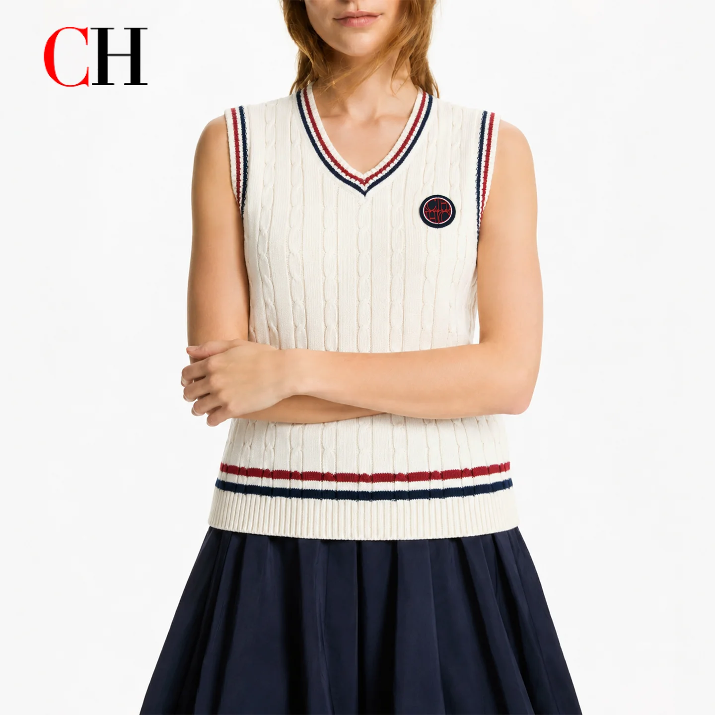 CH Women Preppy V Neck Cable Knit Vest Striped Trim Sleeveless Sweater Vest CH Embroidered Badge Knit Waistcoat