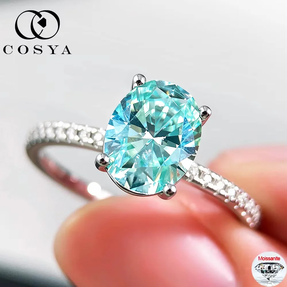 COSYA 1CT/2CT Ovaler Blauer Moissanit-Ring S925 Sterling Silber Funkelnder Labor-Diamant Solitär-Ehering Feiner Schmuck Geschenk