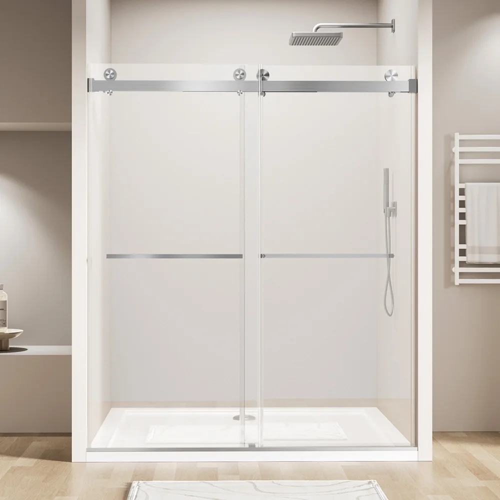 56- 60inch Width X 70inch High Frameless Sliding Shower Door, Glass Door with 5/ 16inch (8 mm) Transparent 3C Tempered Glass, Clamping Process, Stainless Steel Hardware, Brushed Nickel