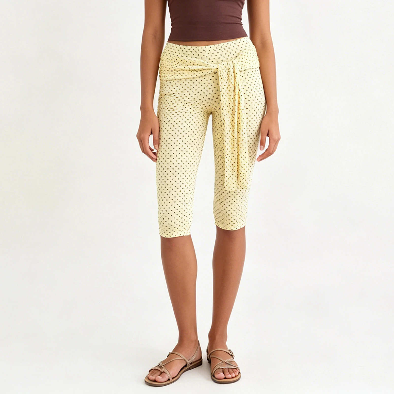 Women’s Summer Capri Pants Fashion Low Waist Side Tie Knot Slim Fit Cropped Pants Trousers