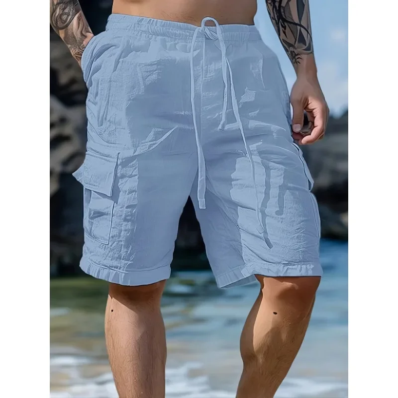 Men's cotton and linen new shorts drawstring elastic waist solid color - daily beach casual five-point pants men's clothingfvv