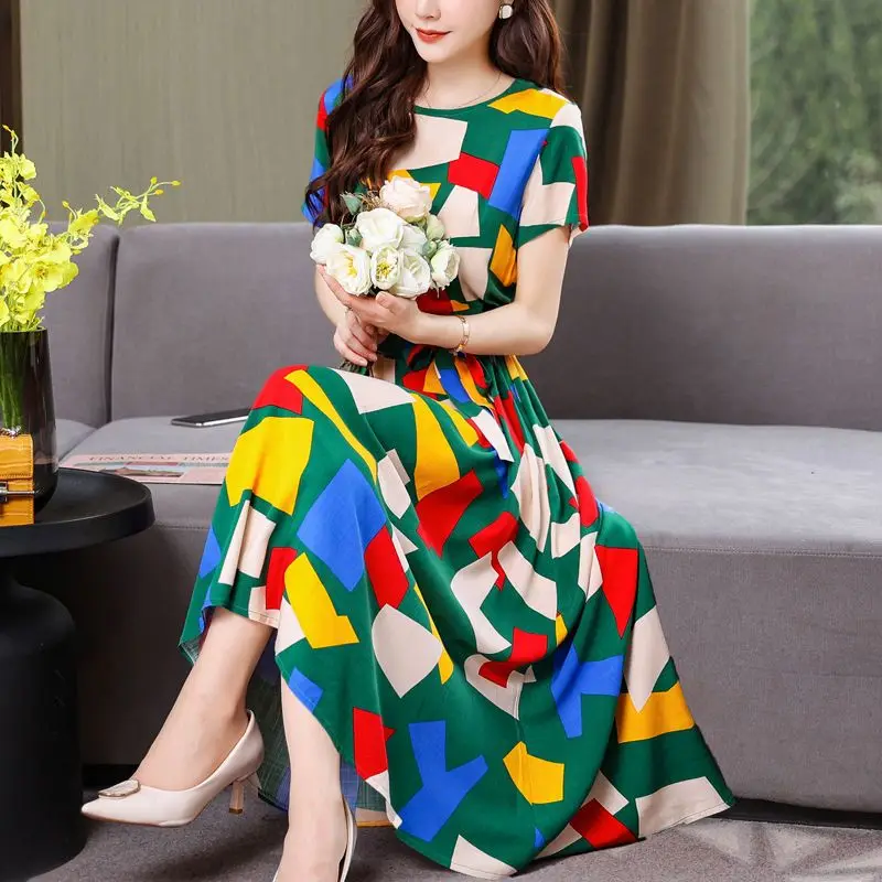 2023 New Summer Fashion Trend Commuting Simple Round Neck Geometric Printing Unique Waist Covering Belly Long Women's Dress