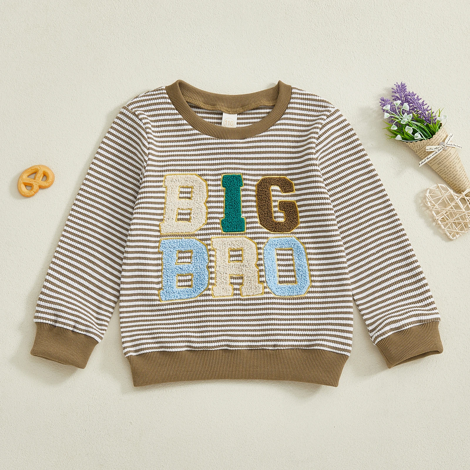 

Boys Long Sleeve Crew Neck Sweatshirt with Letter Embroidery and Striped Design Casual Pullover for Fall Toddler Tops