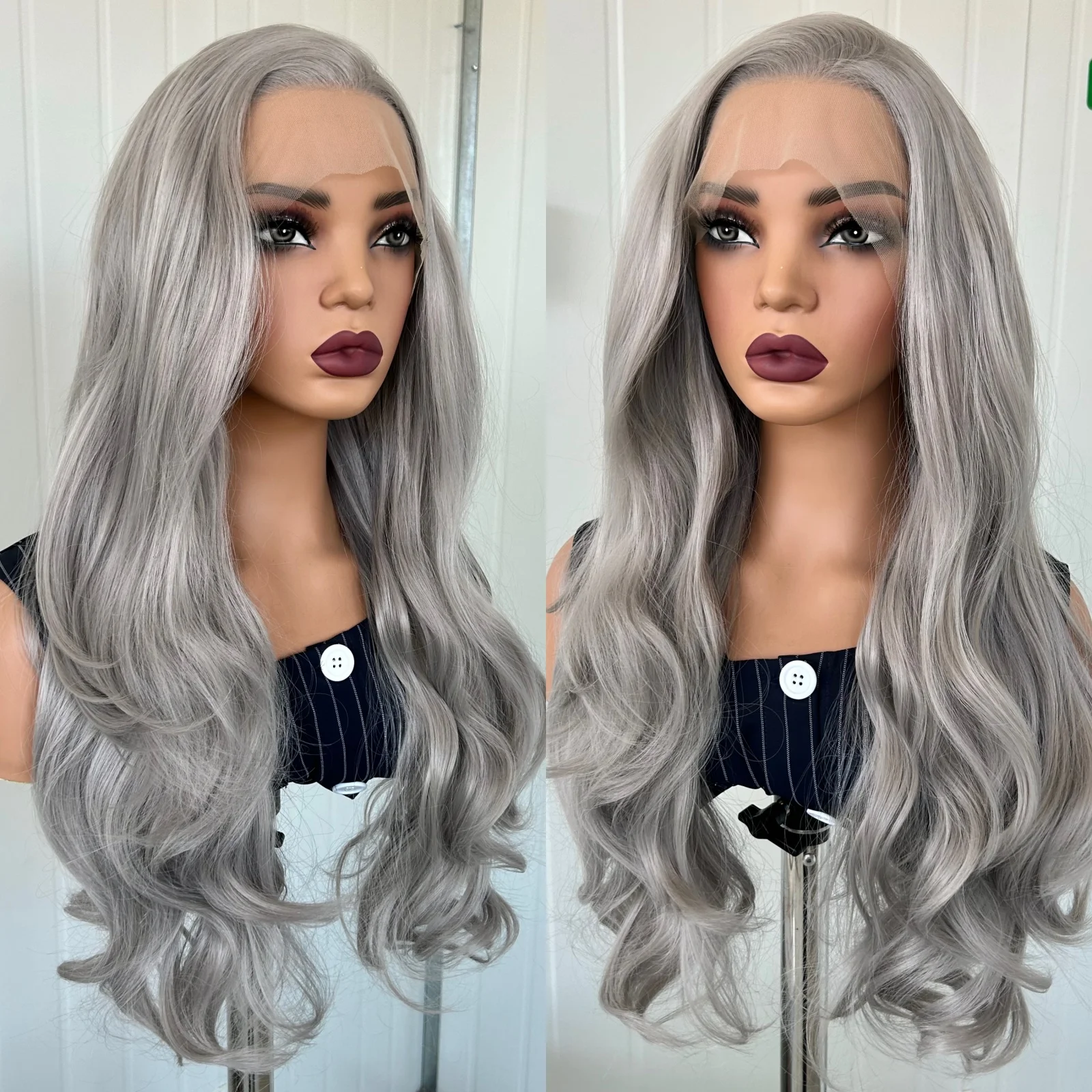 طويل مجعد متموج فضي رمادي الجسم موجة الاصطناعية الدانتيل الجبهة الباروكات للنساء جزء مجاني موجة طبيعية رمادي 13X4 الدانتيل حفلة يومية