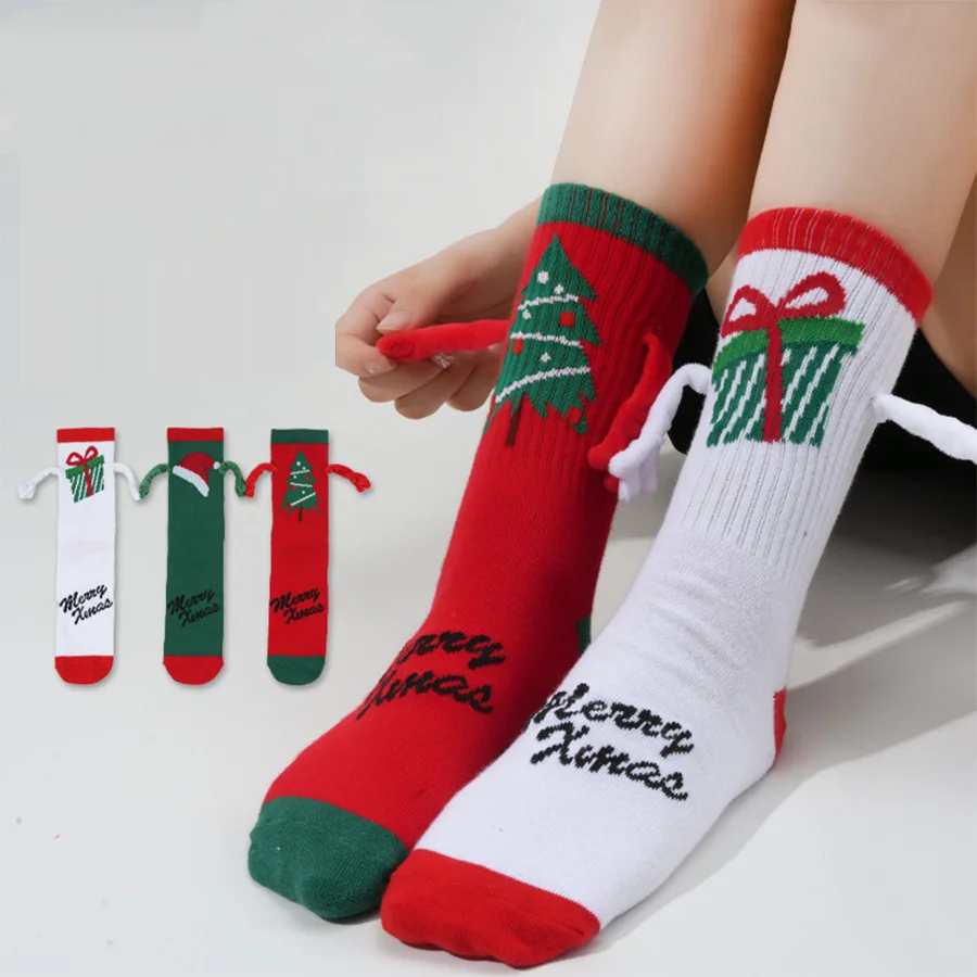 4 Pairs Christmas Hand in Hand Socks Red Mid Socks Couple Warm Cotton Socks Christmas Hand in Hand Socks