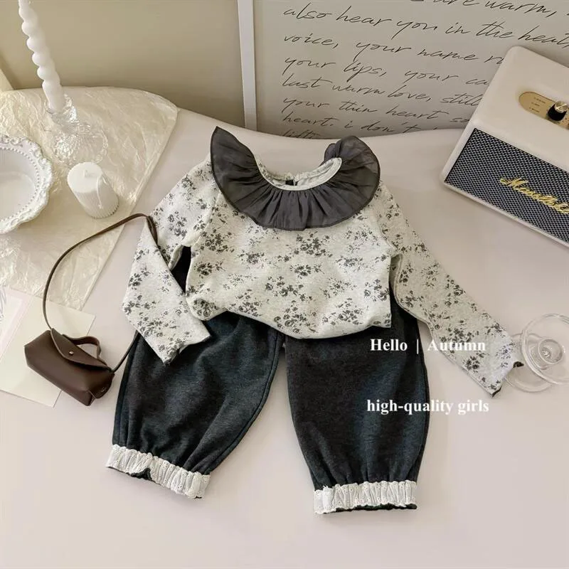 01-Girls' autumn clothing suits2025New Stylish Baby Girl Lace Collar Floral Base Shirt Fashion Frayed Casual Pants