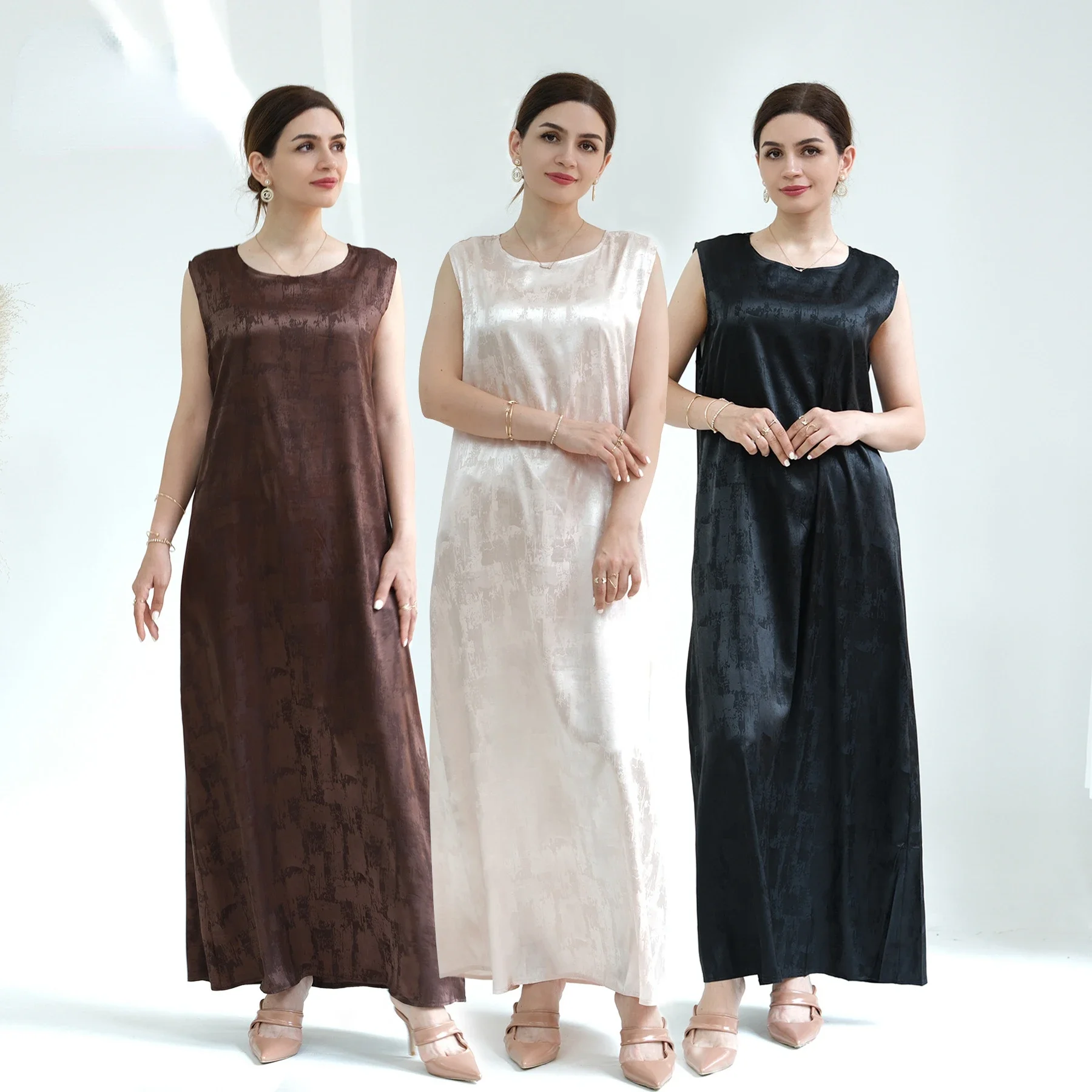 

Solid Color Satin Jacquard Tank Top Dress Women Robes Fashoin Maxi Dresses Large Size Kaftans Vestidos