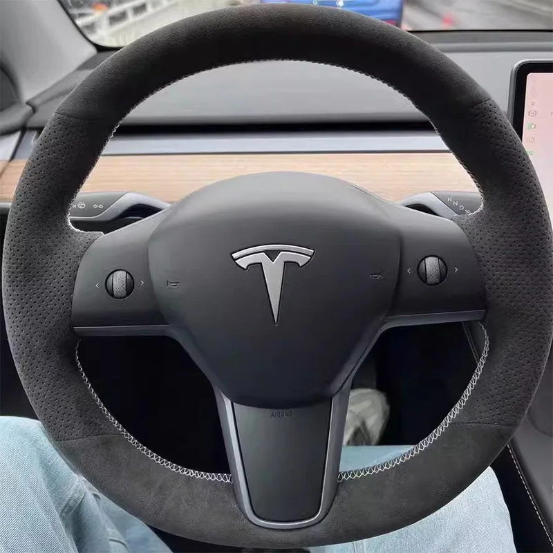 Pelle scamosciata per Tesla Model 3 Model Y Cucito a mano Coprivolante per auto Guscio protettivo Accessori interni per auto Grigio antracite