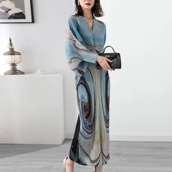 Miyake pleated large size dress women 2022 spring and summer new fashion printing meat-covering bat sleeve long women's dress