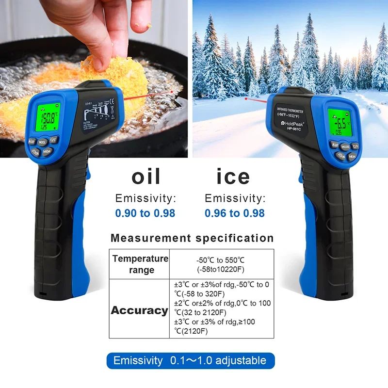 HOLDPEAK Digital IR Thermometer -30~550 Celsius Non-Contact Laser Infrared Tester Temperature Gun Pyrometer with LCD Backlight