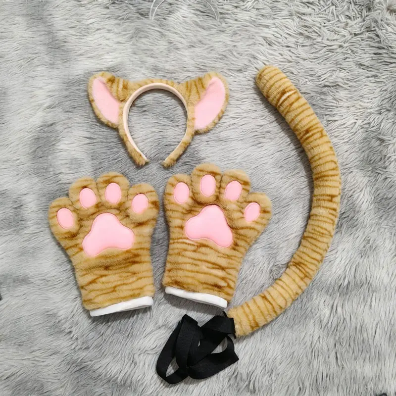 Fursuit 3Pcs/set Furry Anime Cat Ears and Tail Paws Props Kemonomimi Headband Comic-Con Cosplay Costume Accessories Plush Animal