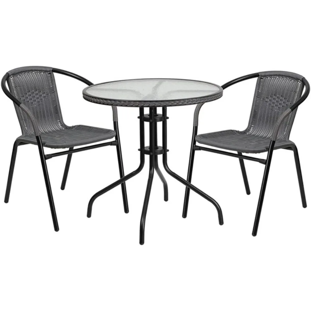 Garden Furniture 3-Piece Patio Dining Set With Round Glass Metal Table and 2 Stackable Rattan Chairs Coffee Tables Gray Camping