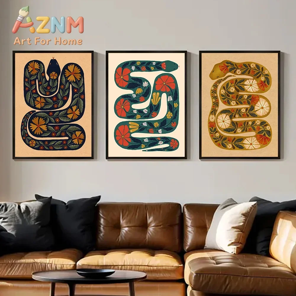 Boho Snake Wall Art Set – Vintage Floral Animal Canvas Prints, Abstract Serpent Poster Pack for Living Room Bedroom Home Deco