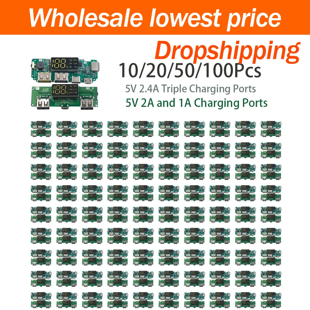 10/20/100Pcs 18650 Lithium Battery Charging Boost Module Dual USB Output 5V 2.4A Power Bank PCB Board with Overcharge Protection