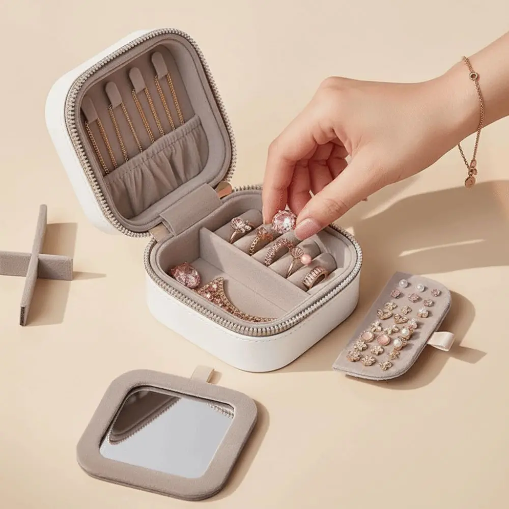 Portable Solid Color Mirror Jewelry Box Lightweight Detachable Jewelry Storage Case Large Capacity Necklace Storage Box Travel
